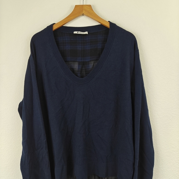 T By Alexander Wang Contrast Hi Low Hem Merino Wool Plaid V-neck Sweater M - Picture 8 of 16